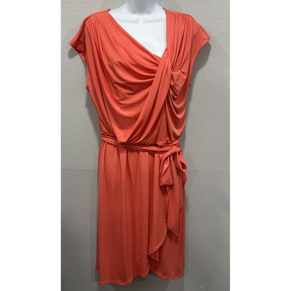 Max And Cleo Belted Midi Dress Women Size Large Orange Stretch Wrap Sleeveless